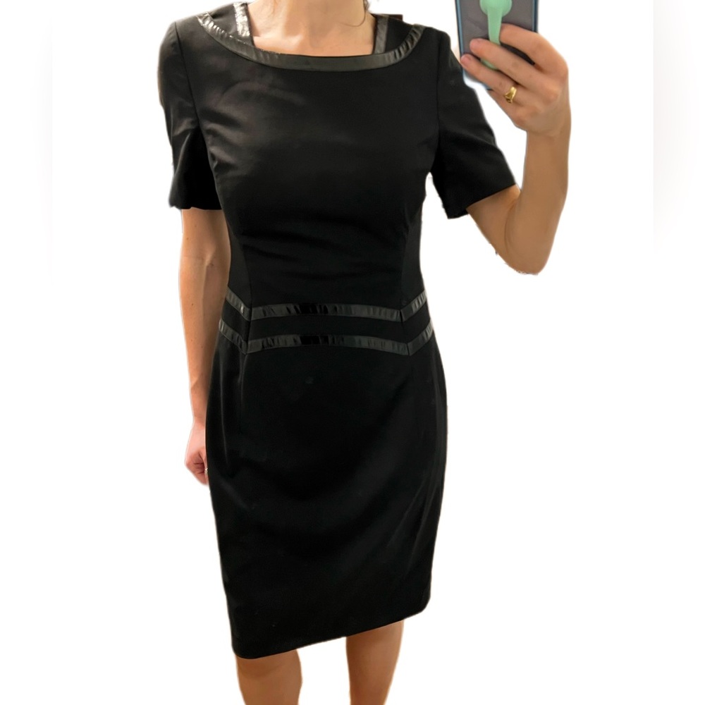Black Escada Wool Shift Dress With Leather Trim